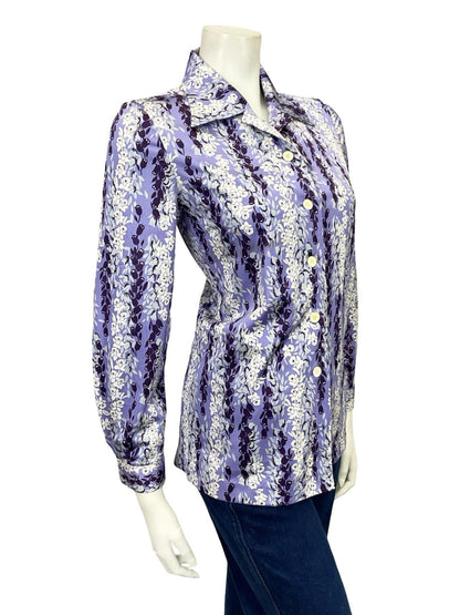 VTG 60S 70S PURPLE WHITE GREY FLORAL STRIPE TULIP DAFFODIL MOD SHIRT 10 12