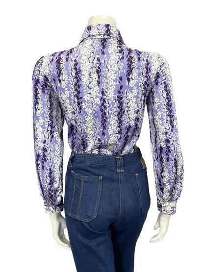 VTG 60S 70S PURPLE WHITE GREY FLORAL STRIPE TULIP DAFFODIL MOD SHIRT 10 12