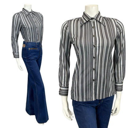 VTG 60S 70S JAPANESE BLACK GREY WHITE STRIPED POLKA DOT GEOMETRIC DAGGER SHIRT 6