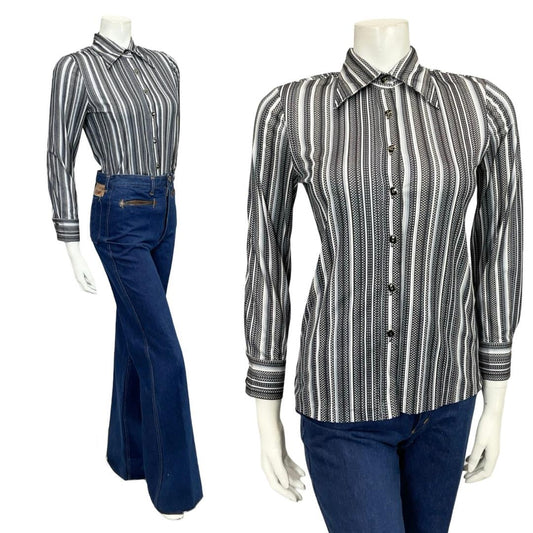 VTG 60S 70S JAPANESE BLACK GREY WHITE STRIPED POLKA DOT GEOMETRIC DAGGER SHIRT 6