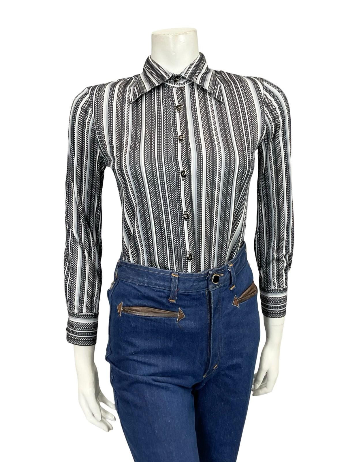 VTG 60S 70S JAPANESE BLACK GREY WHITE STRIPED POLKA DOT GEOMETRIC DAGGER SHIRT 6