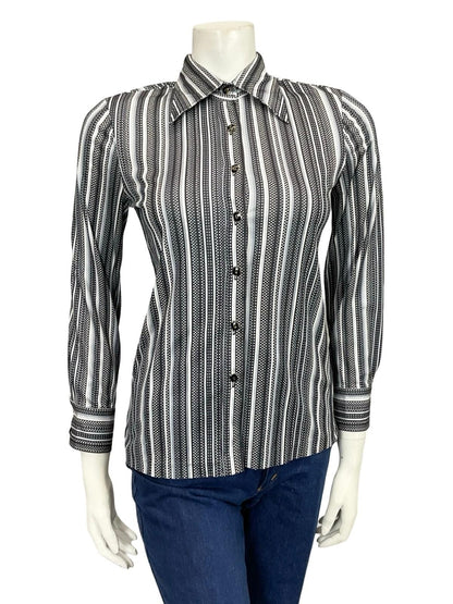 VTG 60S 70S JAPANESE BLACK GREY WHITE STRIPED POLKA DOT GEOMETRIC DAGGER SHIRT 6