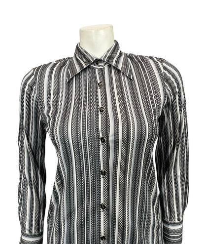 VTG 60S 70S JAPANESE BLACK GREY WHITE STRIPED POLKA DOT GEOMETRIC DAGGER SHIRT 6
