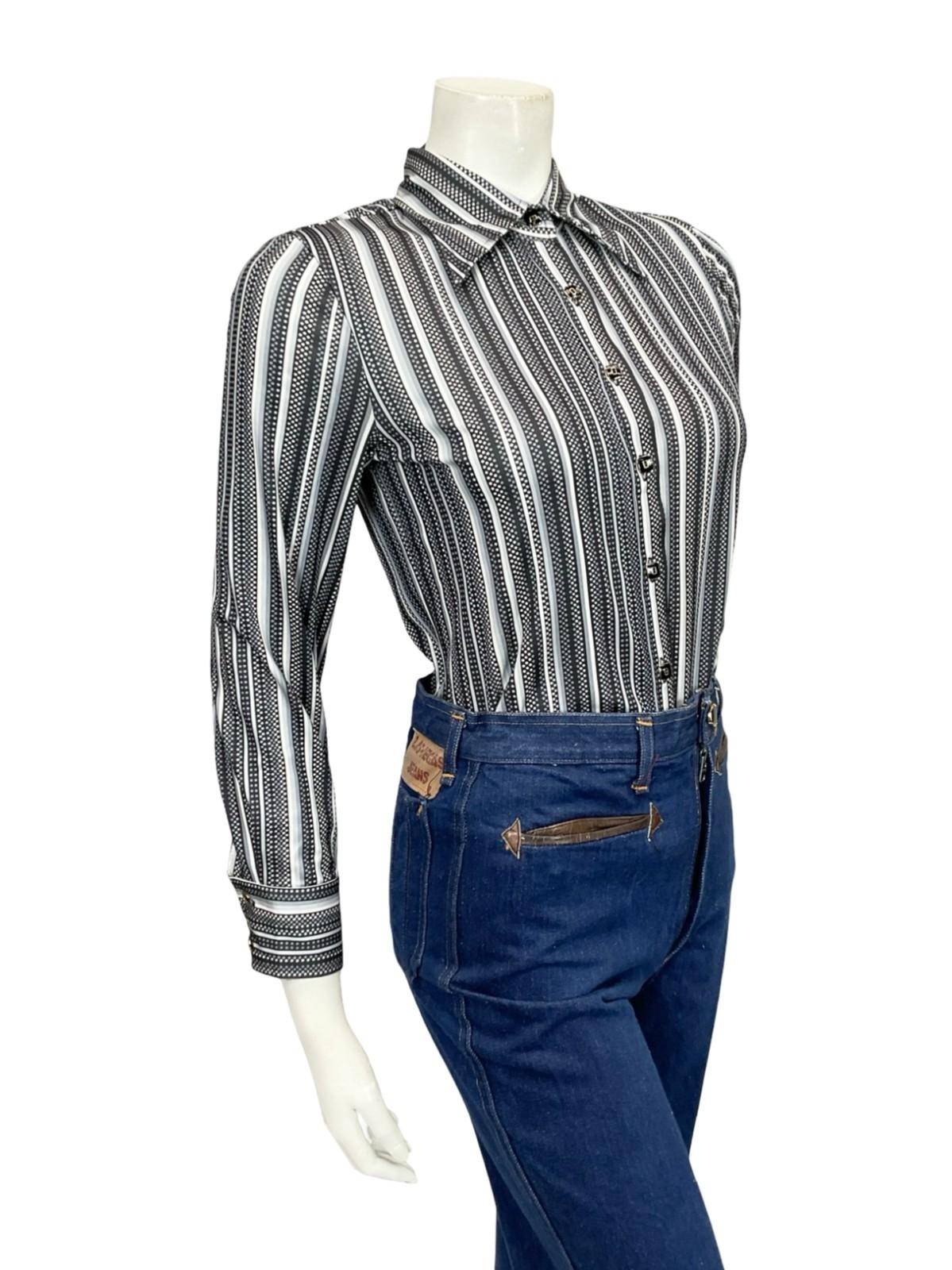 VTG 60S 70S JAPANESE BLACK GREY WHITE STRIPED POLKA DOT GEOMETRIC DAGGER SHIRT 6
