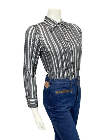 VTG 60S 70S JAPANESE BLACK GREY WHITE STRIPED POLKA DOT GEOMETRIC DAGGER SHIRT 6