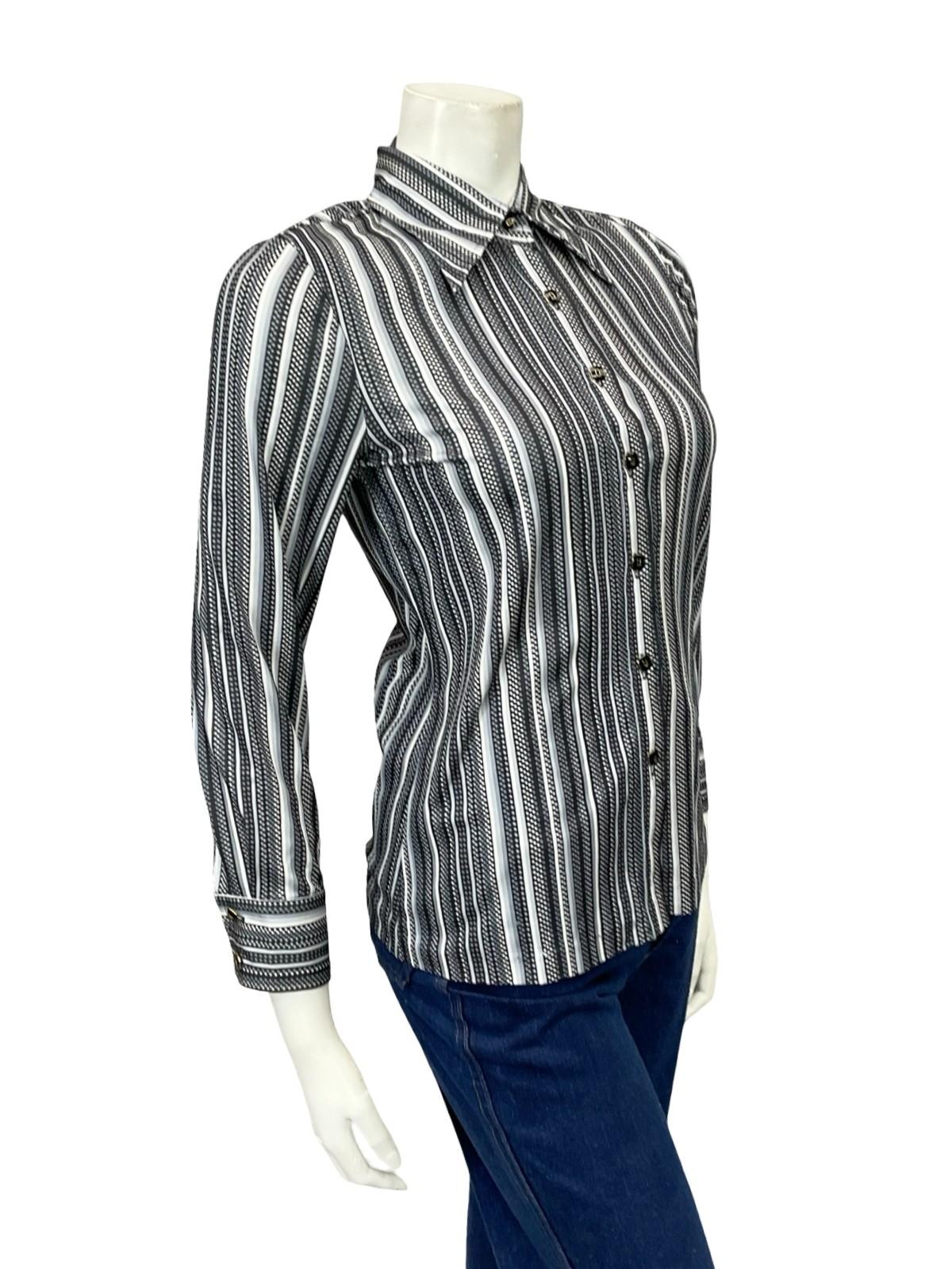 VTG 60S 70S JAPANESE BLACK GREY WHITE STRIPED POLKA DOT GEOMETRIC DAGGER SHIRT 6