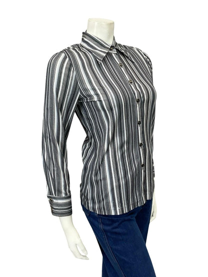 VTG 60S 70S JAPANESE BLACK GREY WHITE STRIPED POLKA DOT GEOMETRIC DAGGER SHIRT 6