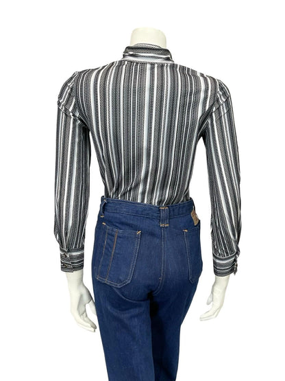 VTG 60S 70S JAPANESE BLACK GREY WHITE STRIPED POLKA DOT GEOMETRIC DAGGER SHIRT 6