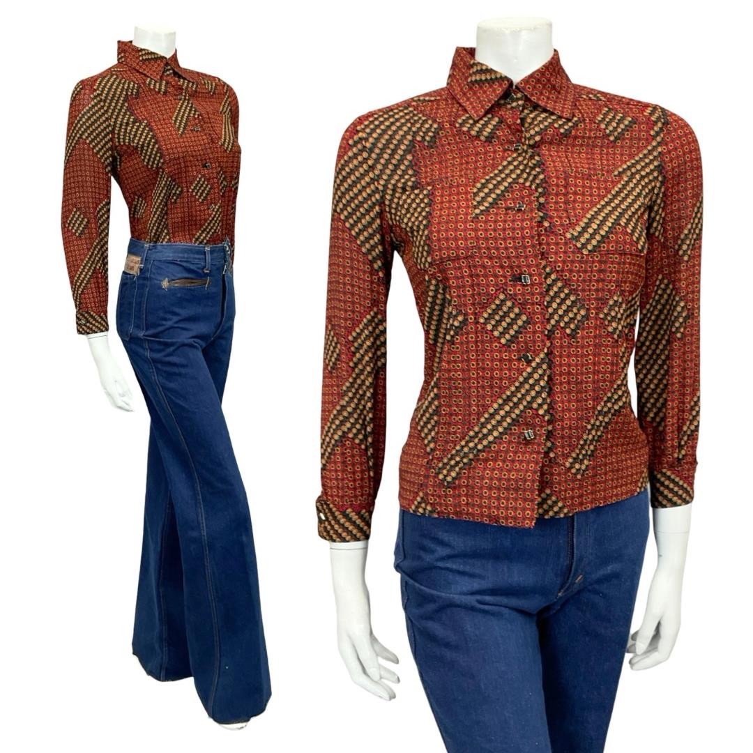 VTG 60S 70S RED GREEN BLACK YELLOW WHITE GEOMETRIC DAISY FLORAL SHIRT 6 XS