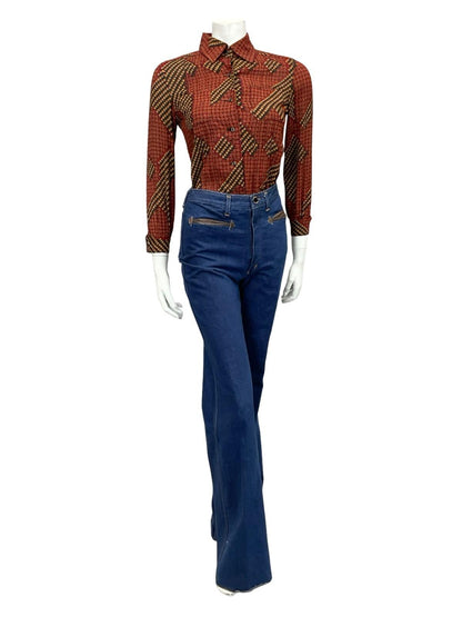 VTG 60S 70S RED GREEN BLACK YELLOW WHITE GEOMETRIC DAISY FLORAL SHIRT 6 XS