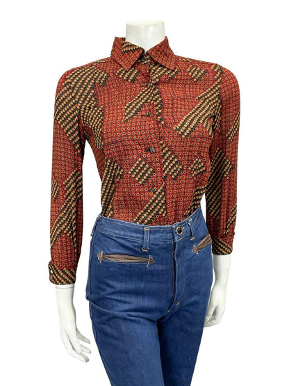 VTG 60S 70S RED GREEN BLACK YELLOW WHITE GEOMETRIC DAISY FLORAL SHIRT 6 XS