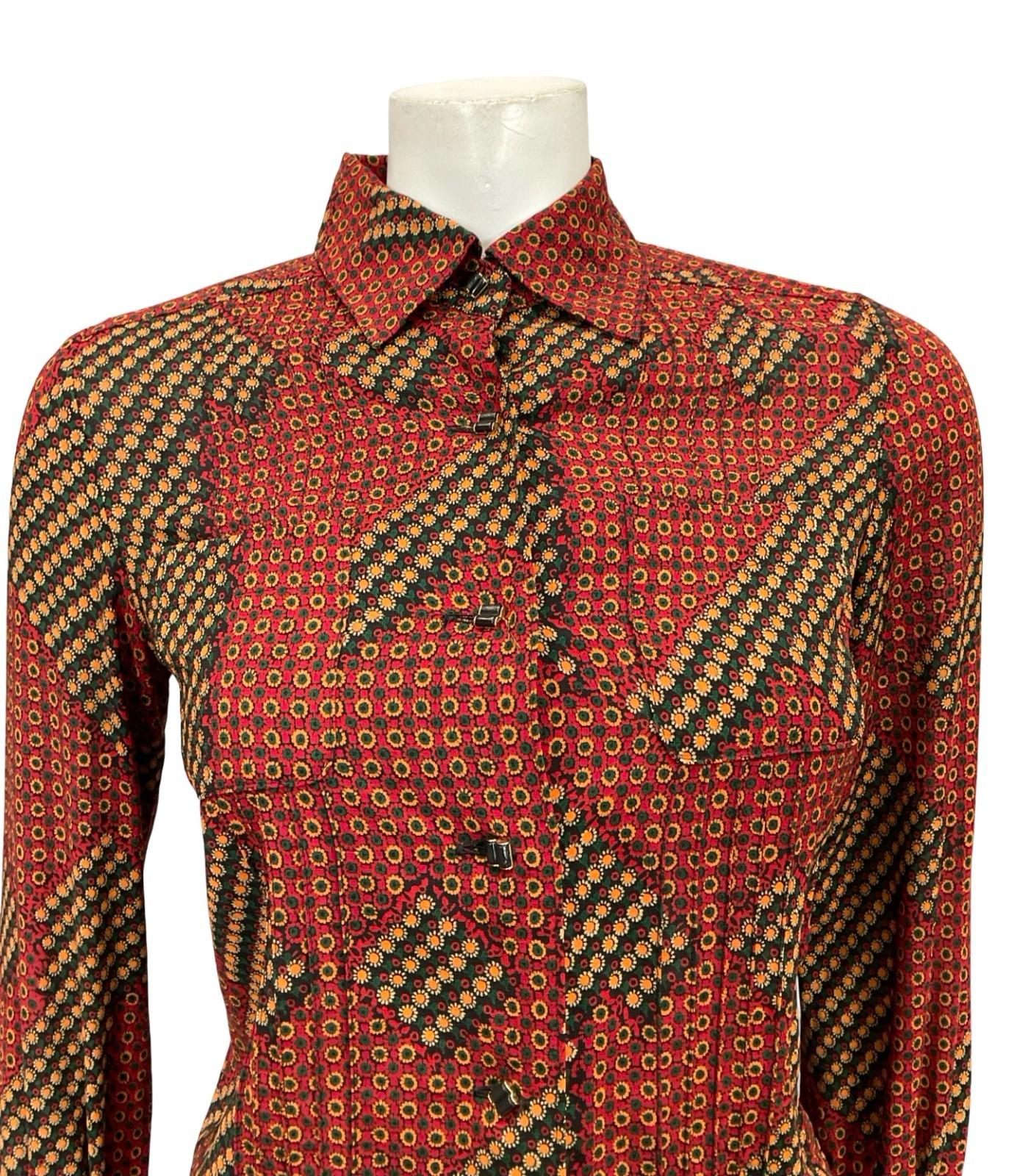 VTG 60S 70S RED GREEN BLACK YELLOW WHITE GEOMETRIC DAISY FLORAL SHIRT 6 XS