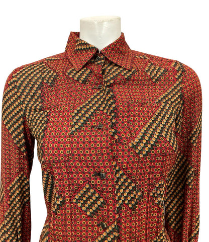 VTG 60S 70S RED GREEN BLACK YELLOW WHITE GEOMETRIC DAISY FLORAL SHIRT 6 XS