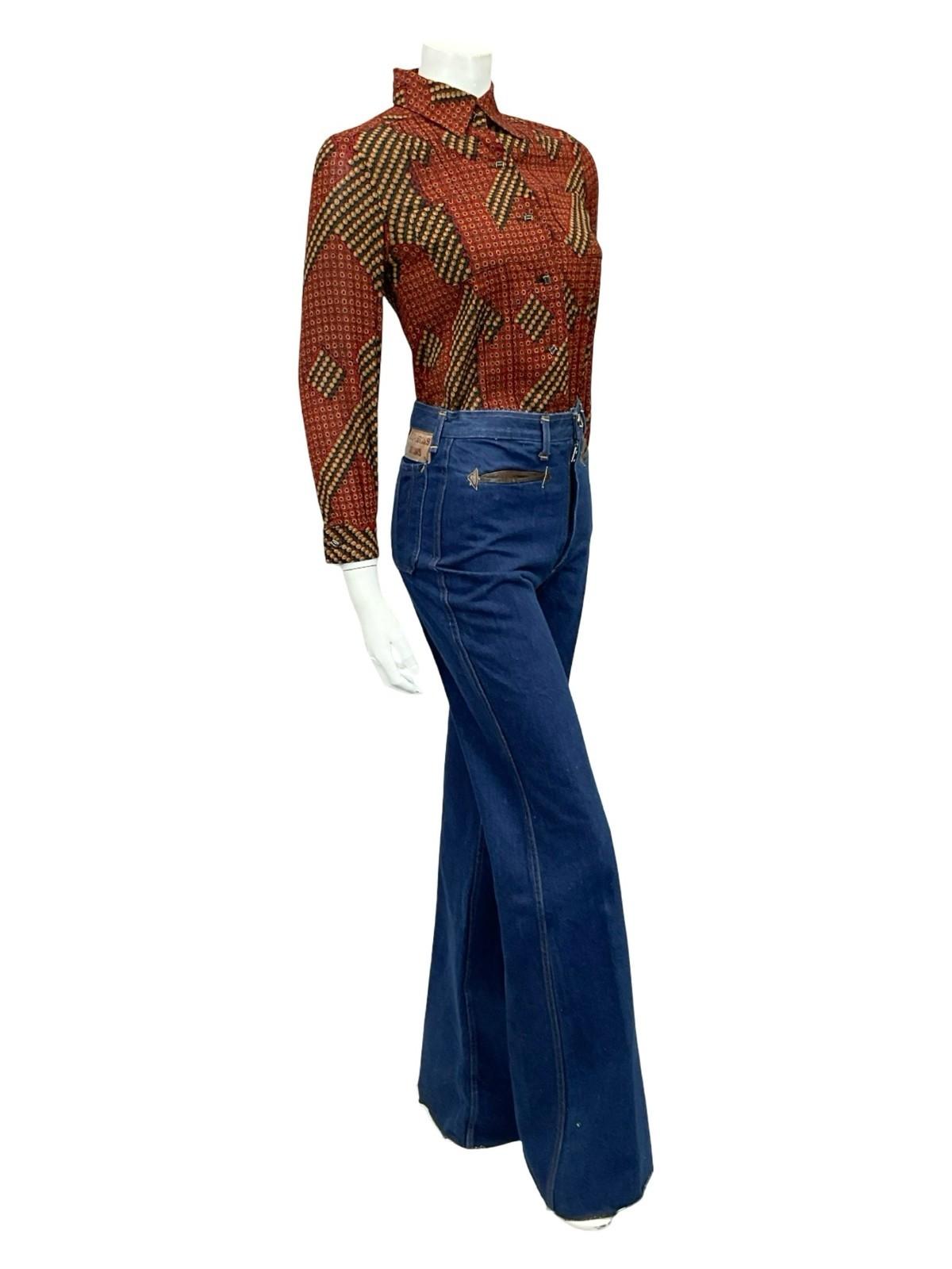 VTG 60S 70S RED GREEN BLACK YELLOW WHITE GEOMETRIC DAISY FLORAL SHIRT 6 XS