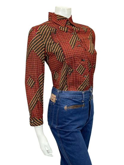 VTG 60S 70S RED GREEN BLACK YELLOW WHITE GEOMETRIC DAISY FLORAL SHIRT 6 XS