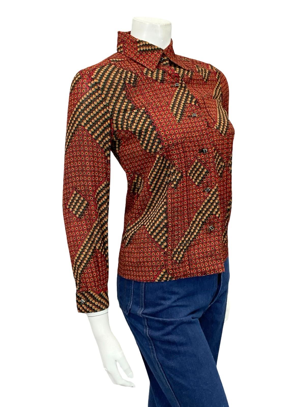 VTG 60S 70S RED GREEN BLACK YELLOW WHITE GEOMETRIC DAISY FLORAL SHIRT 6 XS