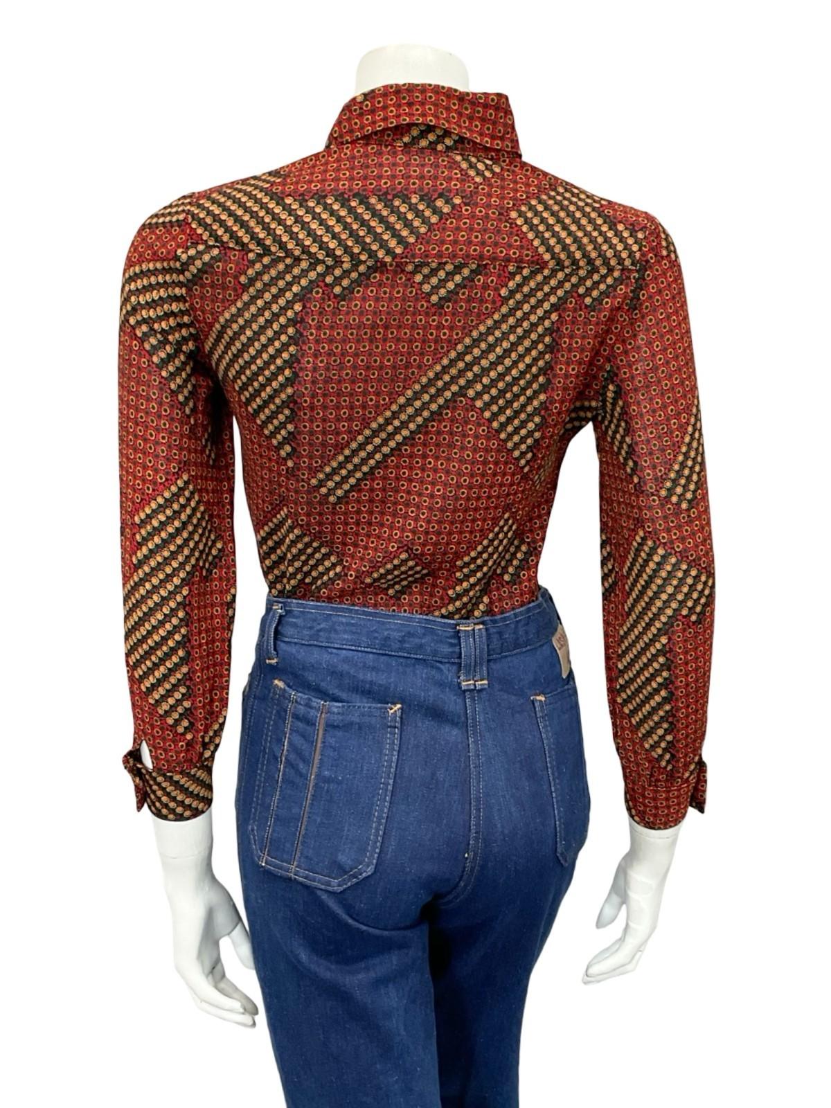 VTG 60S 70S RED GREEN BLACK YELLOW WHITE GEOMETRIC DAISY FLORAL SHIRT 6 XS