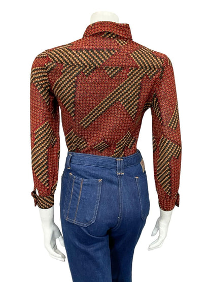 VTG 60S 70S RED GREEN BLACK YELLOW WHITE GEOMETRIC DAISY FLORAL SHIRT 6 XS