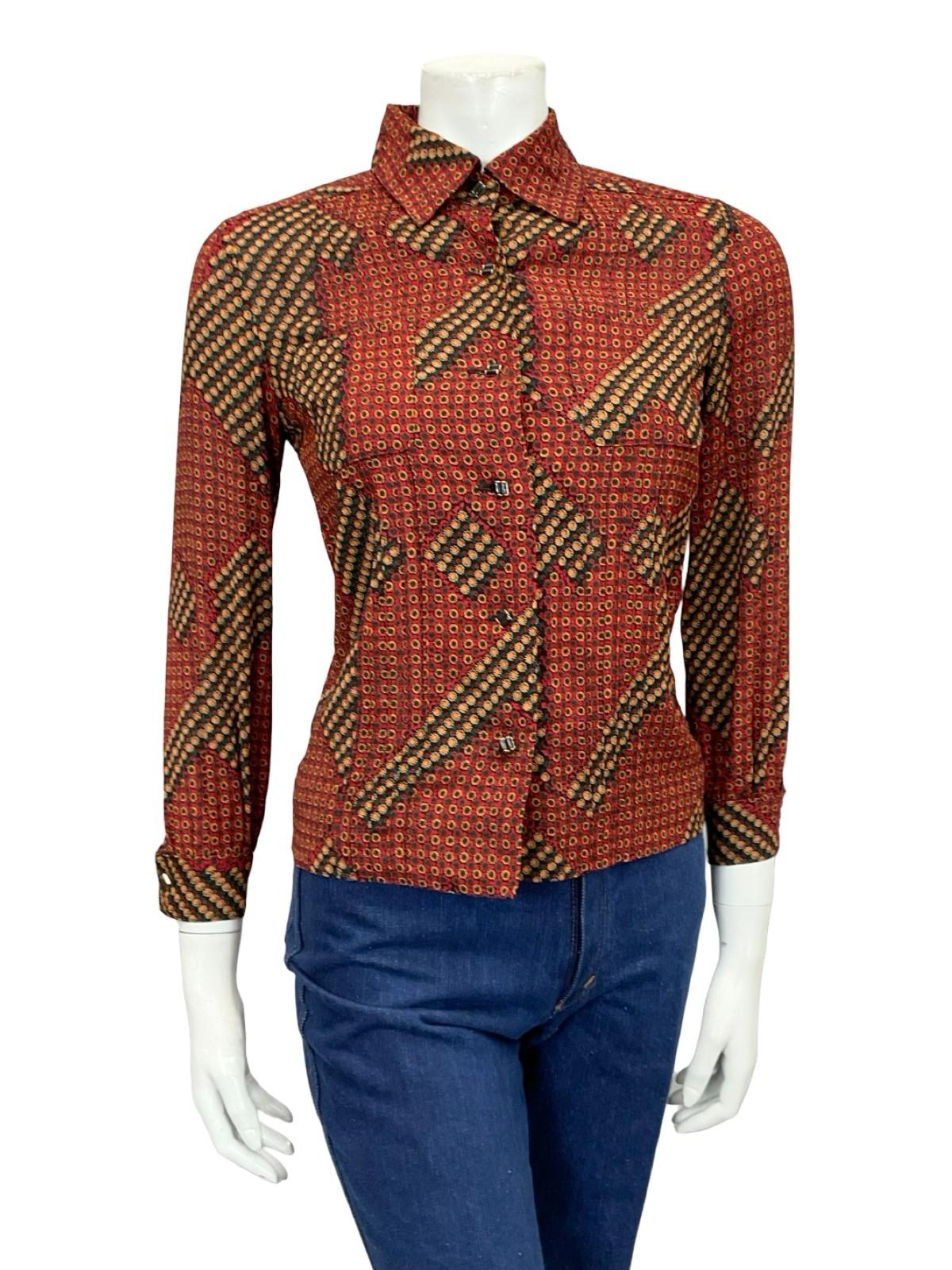 VTG 60S 70S RED GREEN BLACK YELLOW WHITE GEOMETRIC DAISY FLORAL SHIRT 6 XS