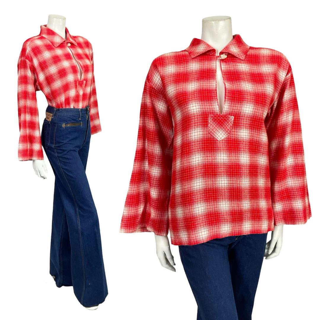 VTG 60S 70S RED WHITE PLAID OP ART GEOMETRIC KEYHOLE BOXY SHIRT 12 14 M