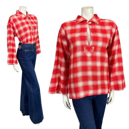 VTG 60S 70S RED WHITE PLAID OP ART GEOMETRIC KEYHOLE BOXY SHIRT 12 14 M