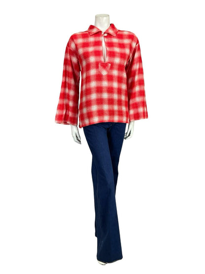VTG 60S 70S RED WHITE PLAID OP ART GEOMETRIC KEYHOLE BOXY SHIRT 12 14 M
