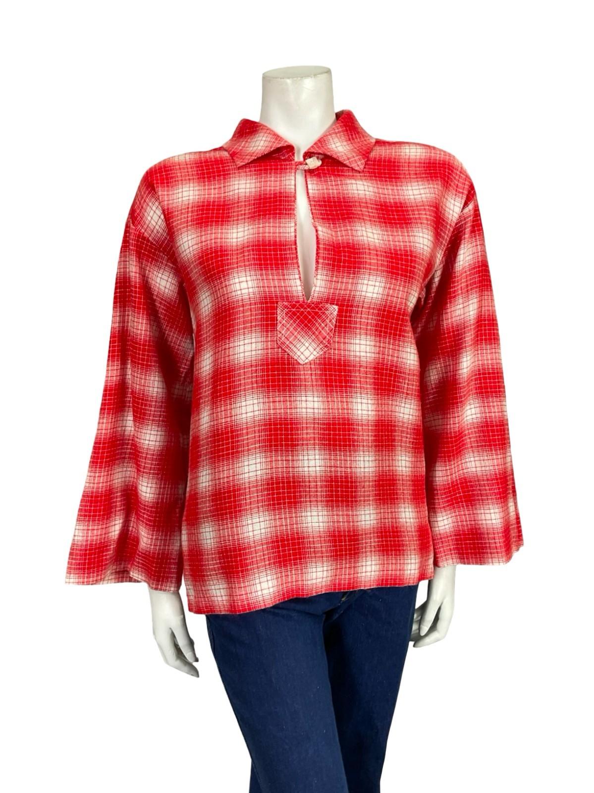 VTG 60S 70S RED WHITE PLAID OP ART GEOMETRIC KEYHOLE BOXY SHIRT 12 14 M