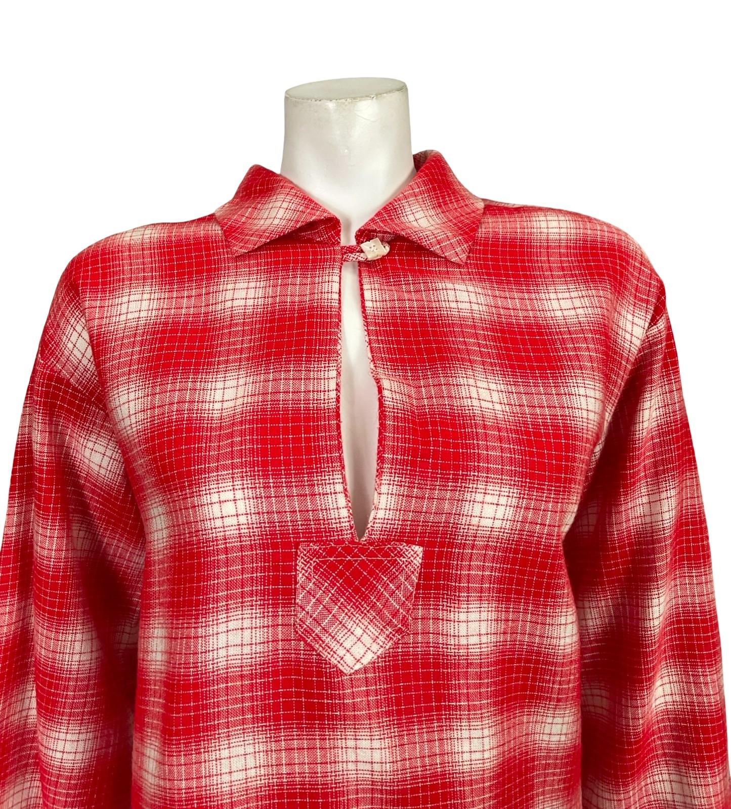 VTG 60S 70S RED WHITE PLAID OP ART GEOMETRIC KEYHOLE BOXY SHIRT 12 14 M