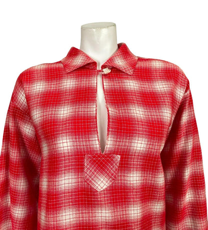 VTG 60S 70S RED WHITE PLAID OP ART GEOMETRIC KEYHOLE BOXY SHIRT 12 14 M