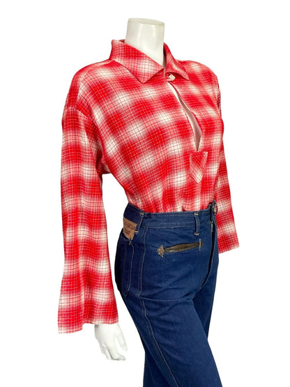 VTG 60S 70S RED WHITE PLAID OP ART GEOMETRIC KEYHOLE BOXY SHIRT 12 14 M