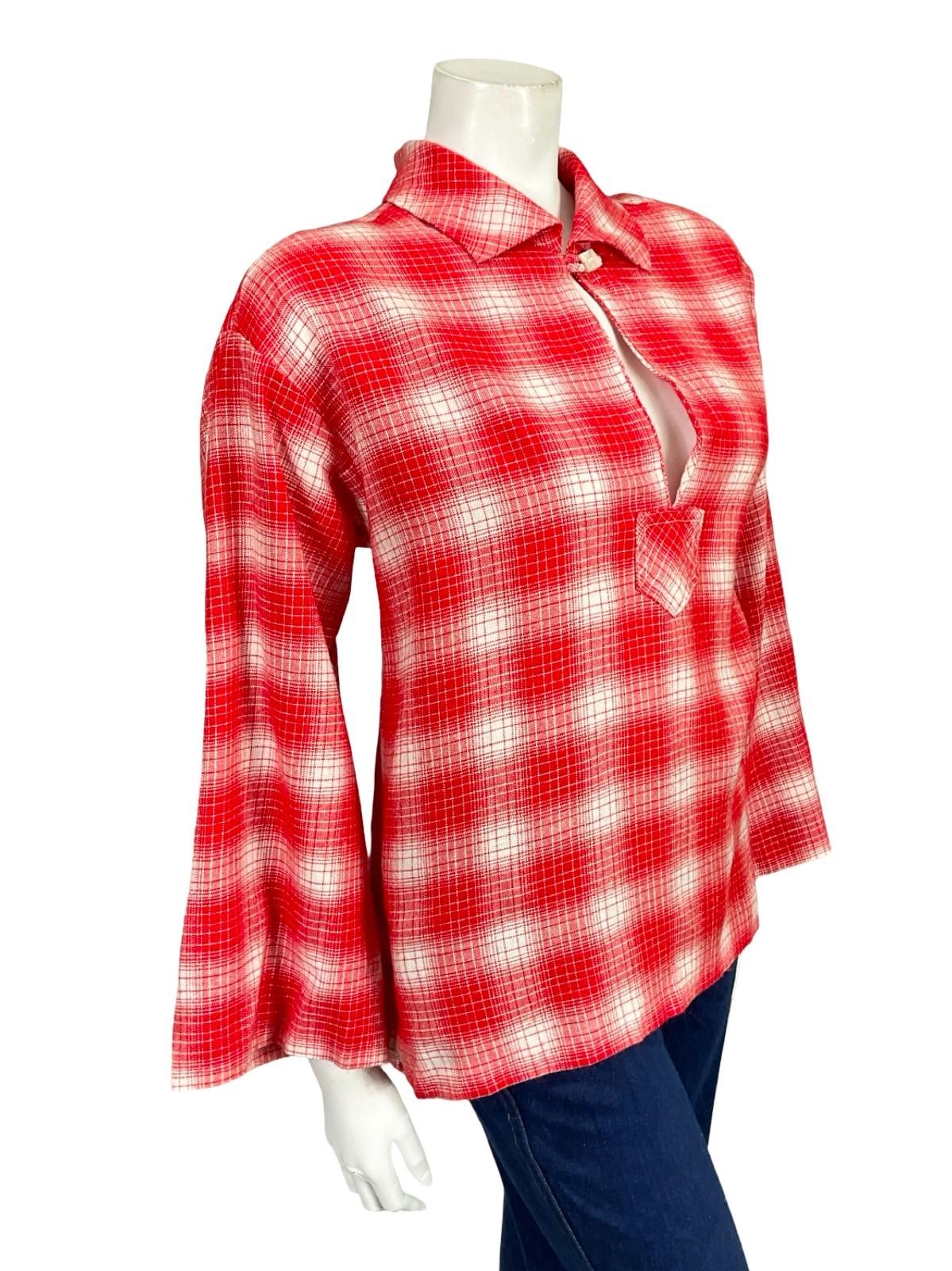 VTG 60S 70S RED WHITE PLAID OP ART GEOMETRIC KEYHOLE BOXY SHIRT 12 14 M