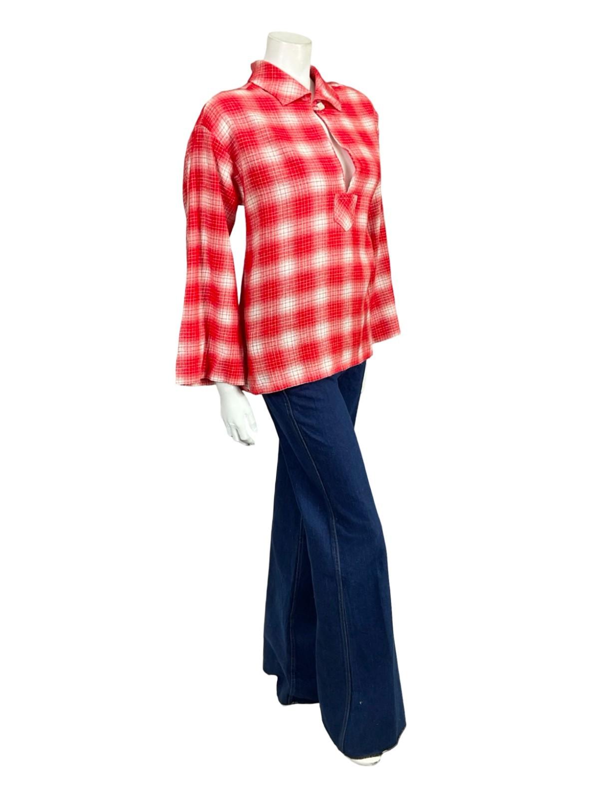 VTG 60S 70S RED WHITE PLAID OP ART GEOMETRIC KEYHOLE BOXY SHIRT 12 14 M