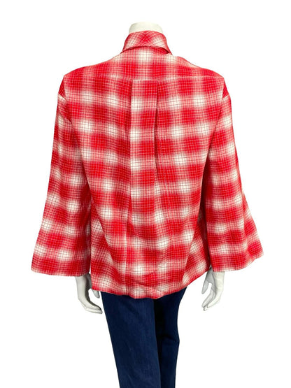 VTG 60S 70S RED WHITE PLAID OP ART GEOMETRIC KEYHOLE BOXY SHIRT 12 14 M