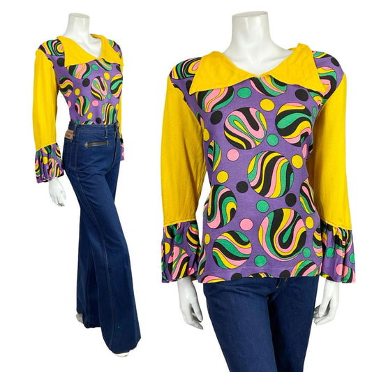 VTG 60S 70S YELLOW PURPLE BLACK PINK GREEN GEOMETRIC DOTTY FLUTE SLEEVE SHIRT 18
