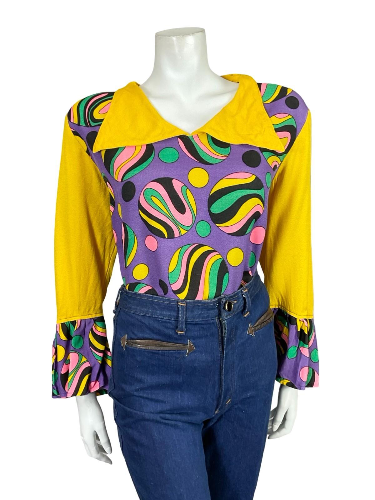VTG 60S 70S YELLOW PURPLE BLACK PINK GREEN GEOMETRIC DOTTY FLUTE SLEEVE SHIRT 18