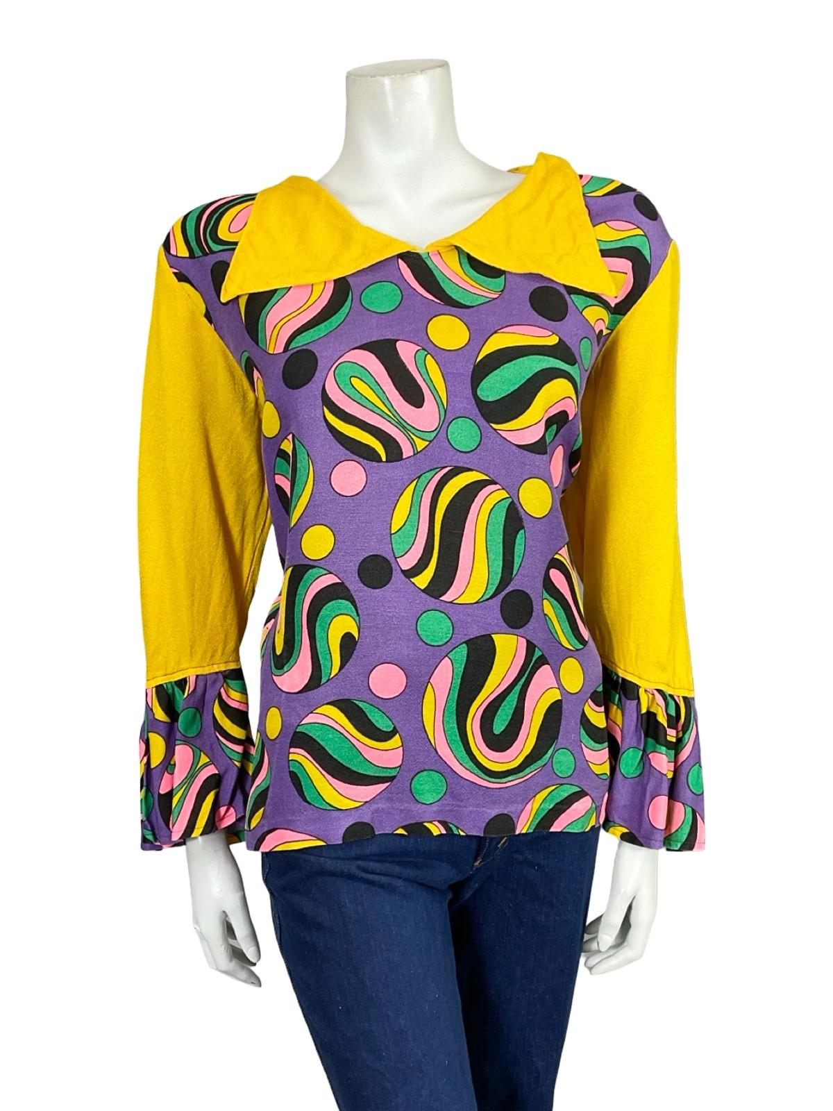 VTG 60S 70S YELLOW PURPLE BLACK PINK GREEN GEOMETRIC DOTTY FLUTE SLEEVE SHIRT 18