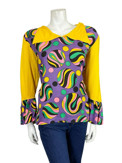 VTG 60S 70S YELLOW PURPLE BLACK PINK GREEN GEOMETRIC DOTTY FLUTE SLEEVE SHIRT 18