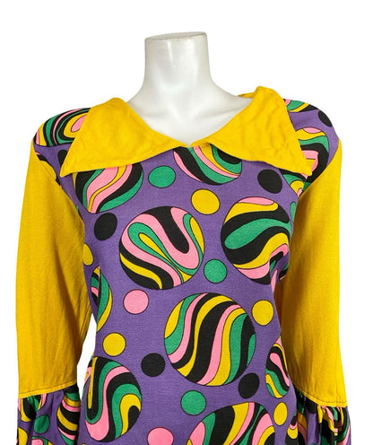 VTG 60S 70S YELLOW PURPLE BLACK PINK GREEN GEOMETRIC DOTTY FLUTE SLEEVE SHIRT 18