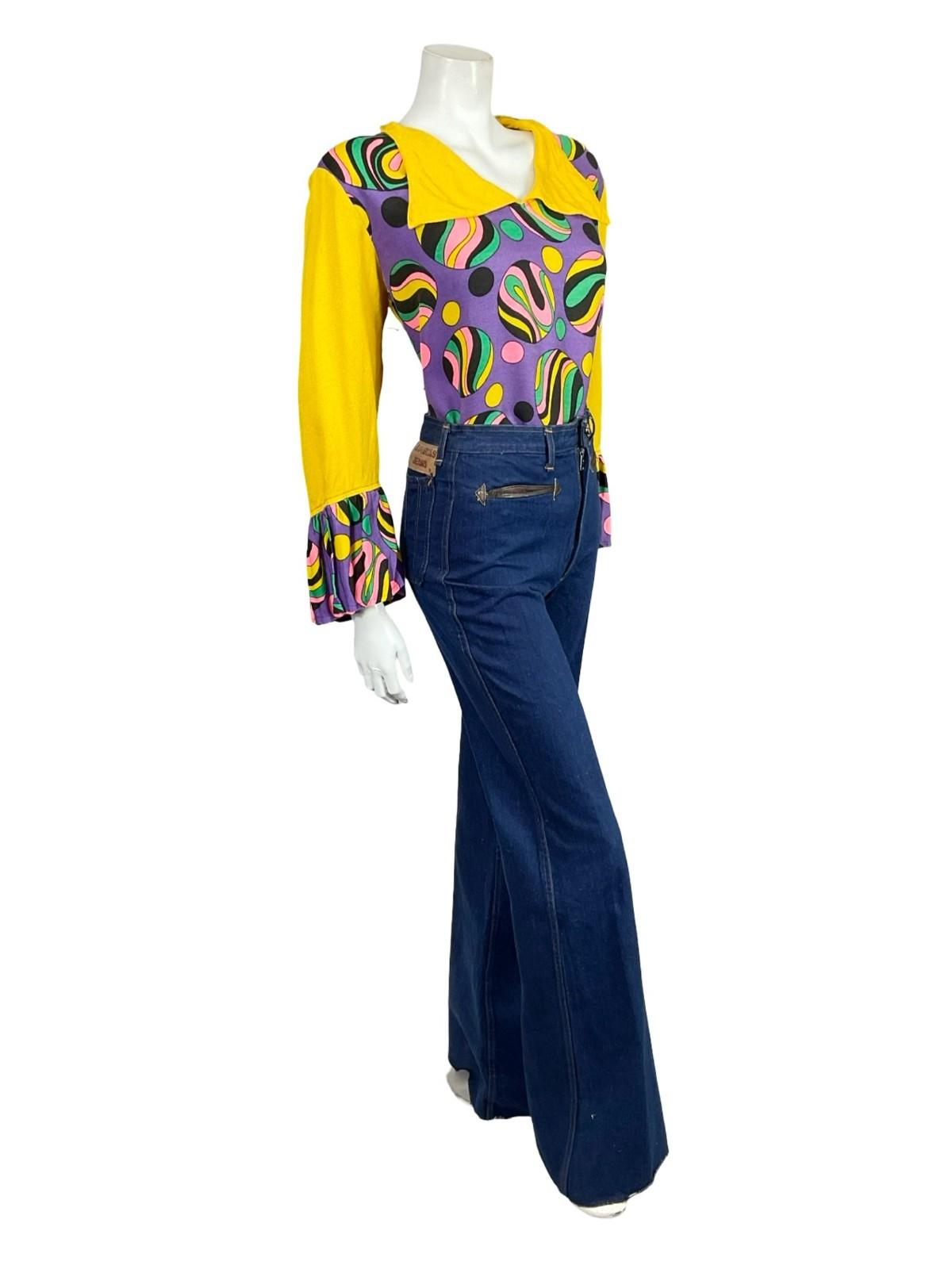 VTG 60S 70S YELLOW PURPLE BLACK PINK GREEN GEOMETRIC DOTTY FLUTE SLEEVE SHIRT 18