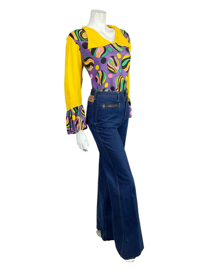 VTG 60S 70S YELLOW PURPLE BLACK PINK GREEN GEOMETRIC DOTTY FLUTE SLEEVE SHIRT 18