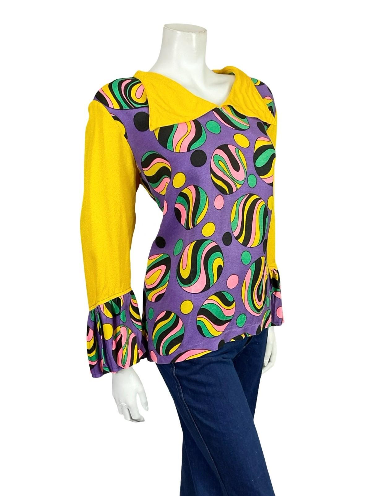 VTG 60S 70S YELLOW PURPLE BLACK PINK GREEN GEOMETRIC DOTTY FLUTE SLEEVE SHIRT 18