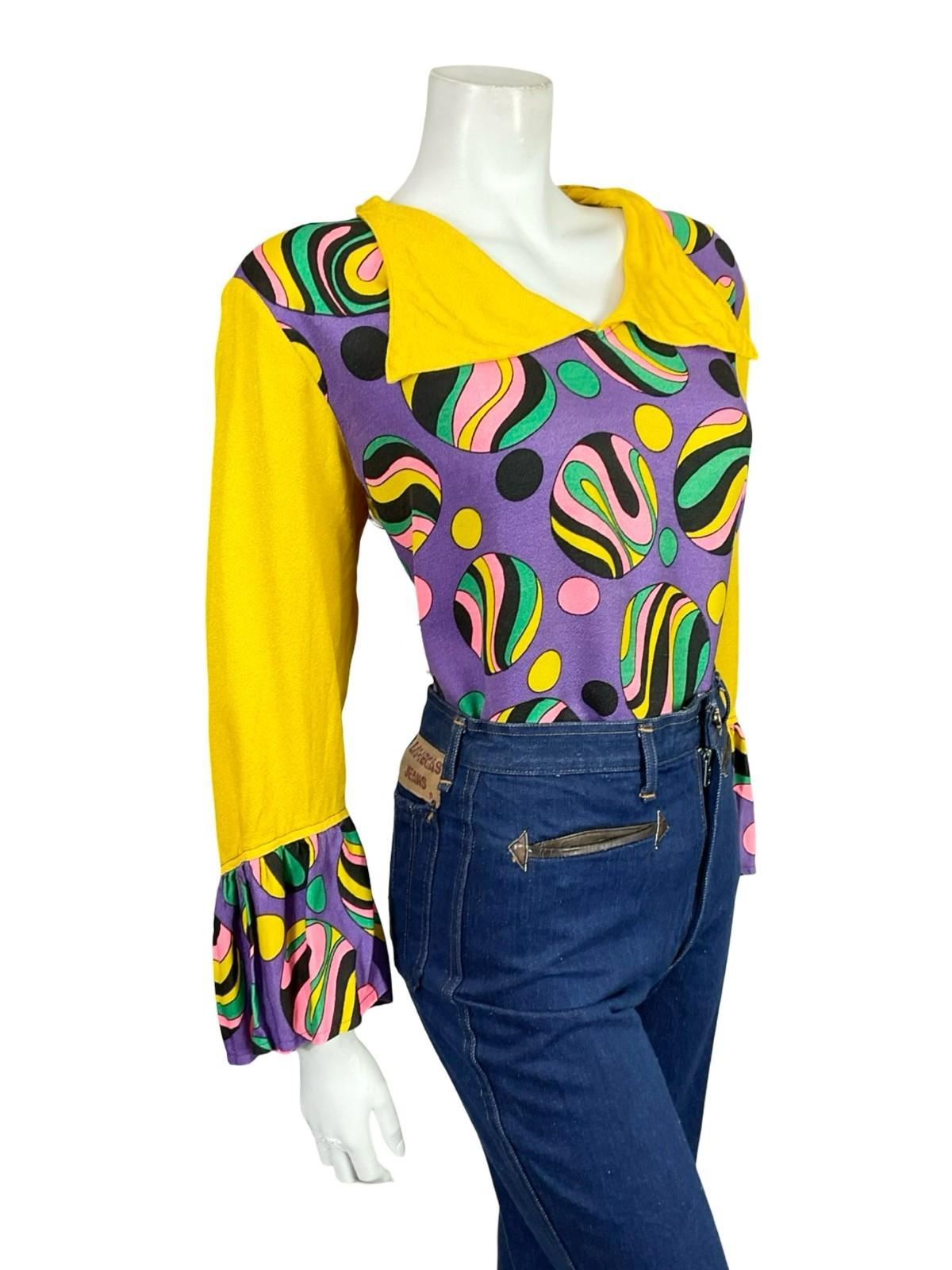 VTG 60S 70S YELLOW PURPLE BLACK PINK GREEN GEOMETRIC DOTTY FLUTE SLEEVE SHIRT 18
