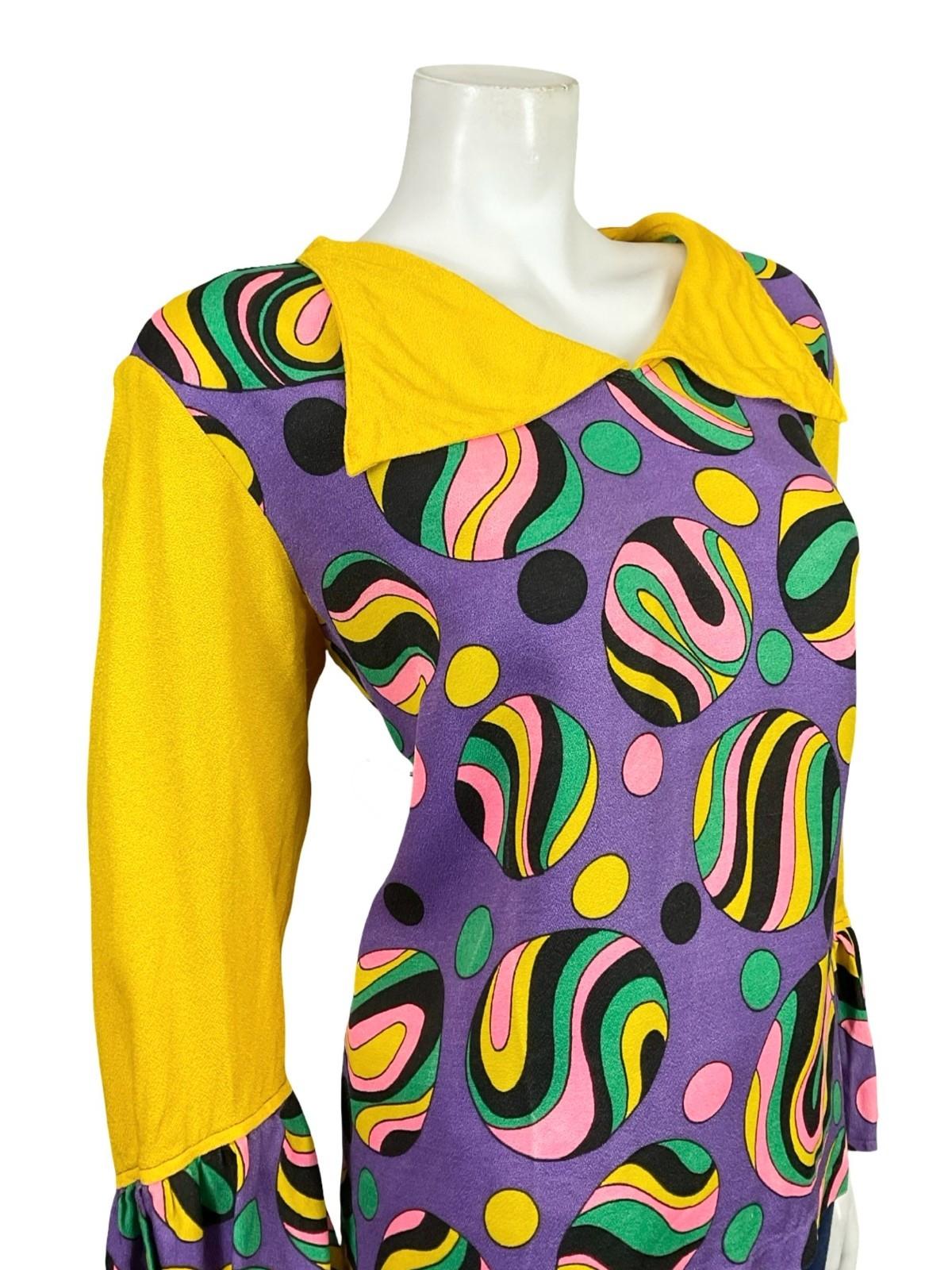 VTG 60S 70S YELLOW PURPLE BLACK PINK GREEN GEOMETRIC DOTTY FLUTE SLEEVE SHIRT 18
