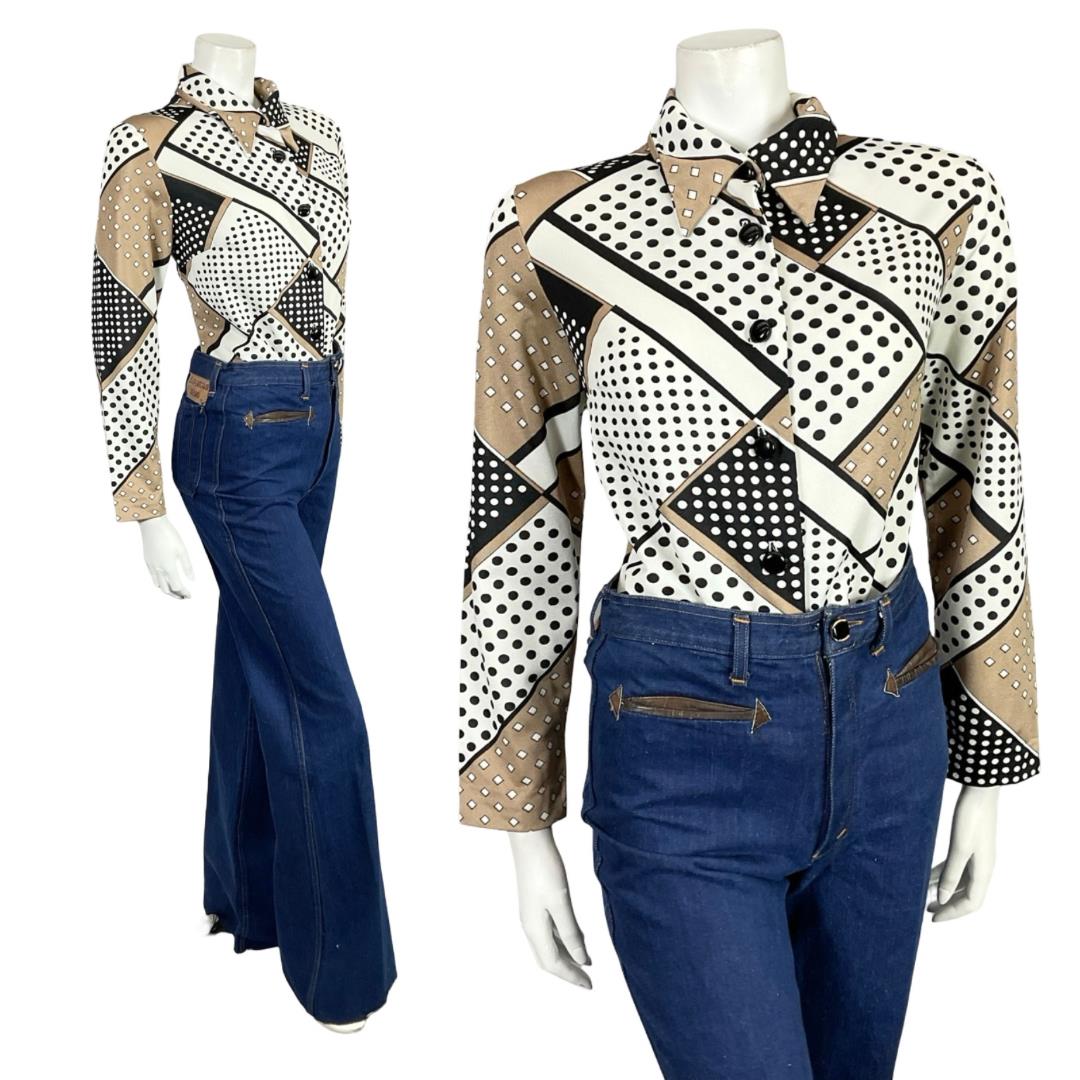 VTG 60S 70S WHITE BEIGE BLACK POLKA DOT GEOMETRIC DAGGER COLLAR SHIRT 12 14 M
