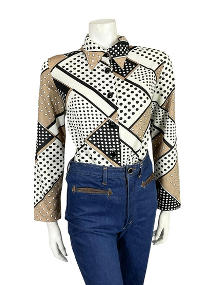 VTG 60S 70S WHITE BEIGE BLACK POLKA DOT GEOMETRIC DAGGER COLLAR SHIRT 12 14 M