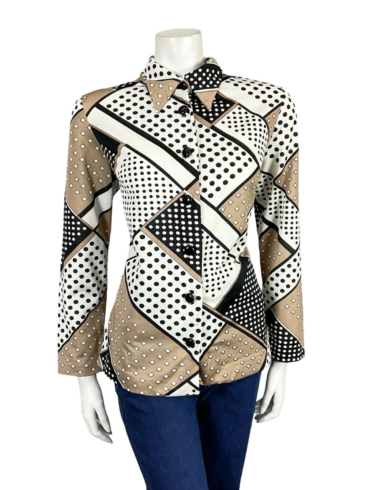 VTG 60S 70S WHITE BEIGE BLACK POLKA DOT GEOMETRIC DAGGER COLLAR SHIRT 12 14 M