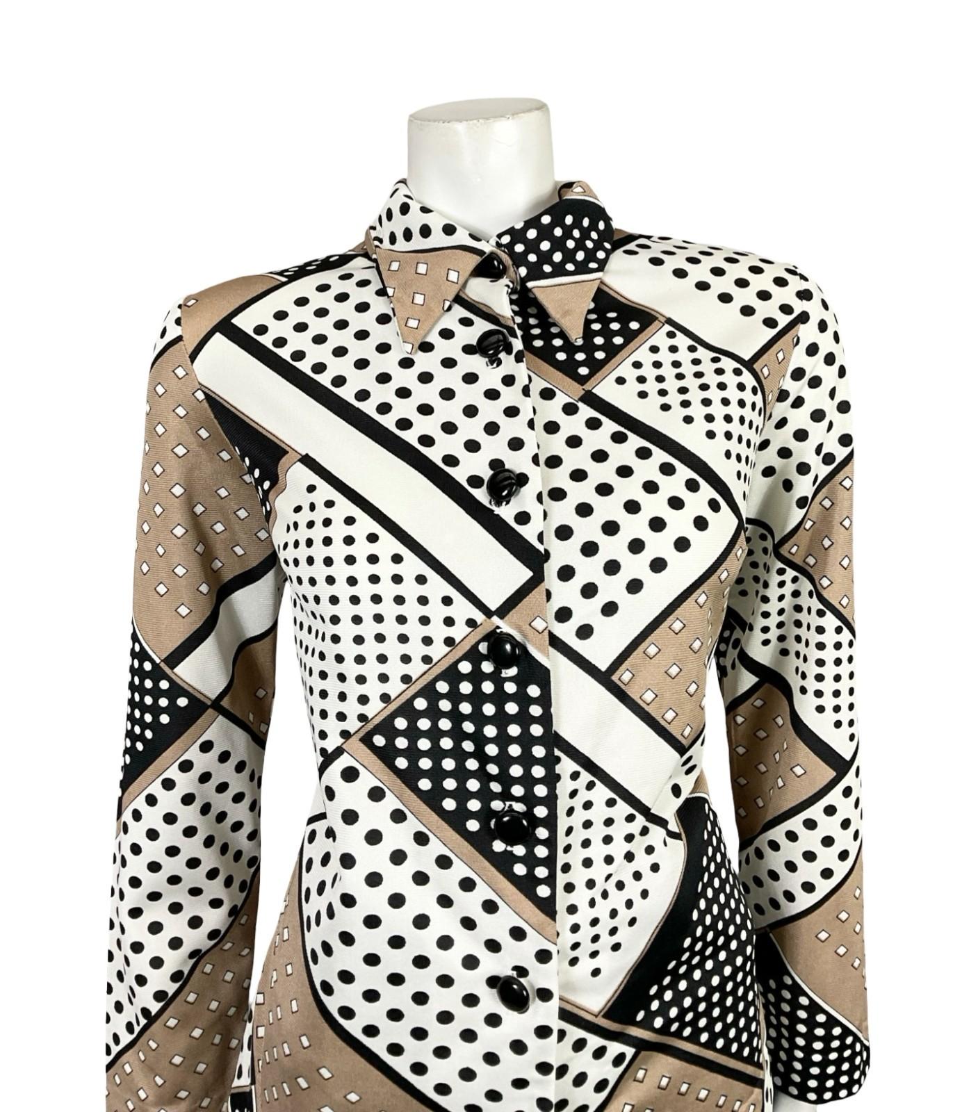 VTG 60S 70S WHITE BEIGE BLACK POLKA DOT GEOMETRIC DAGGER COLLAR SHIRT 12 14 M