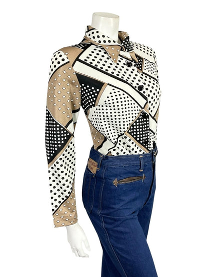 VTG 60S 70S WHITE BEIGE BLACK POLKA DOT GEOMETRIC DAGGER COLLAR SHIRT 12 14 M