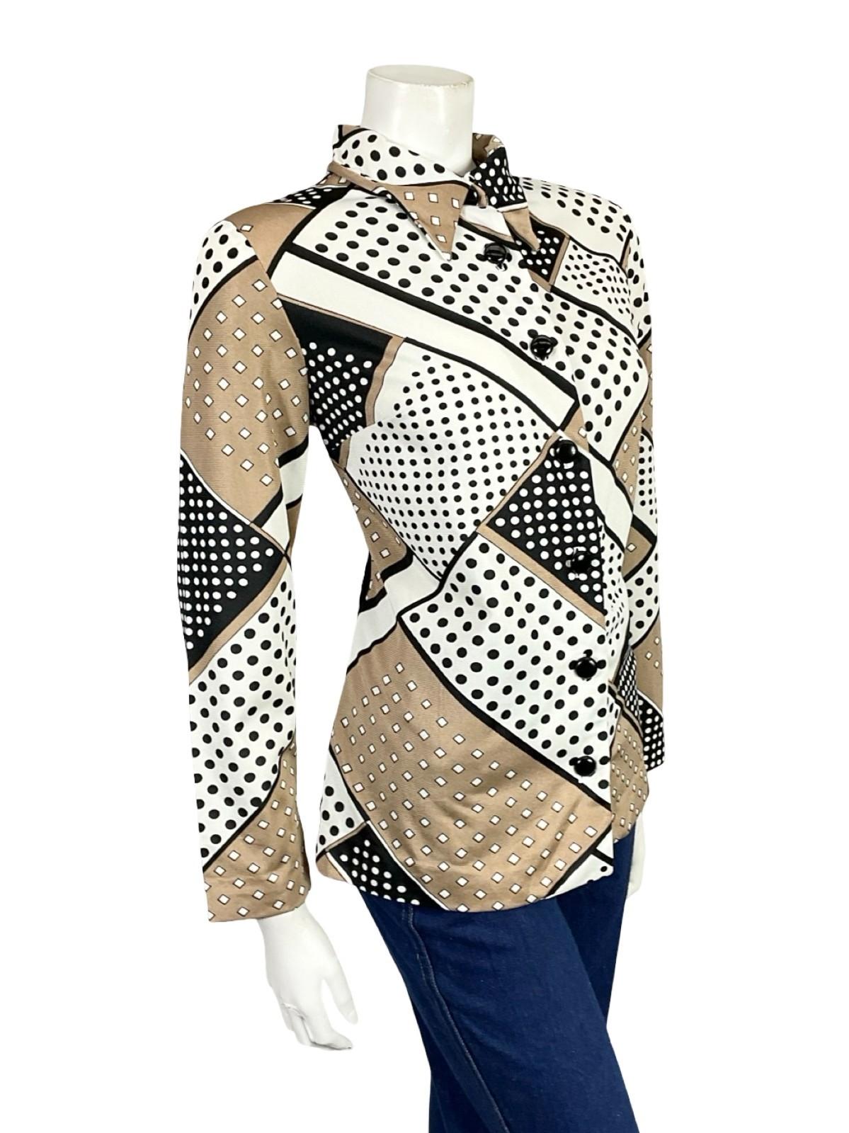 VTG 60S 70S WHITE BEIGE BLACK POLKA DOT GEOMETRIC DAGGER COLLAR SHIRT 12 14 M