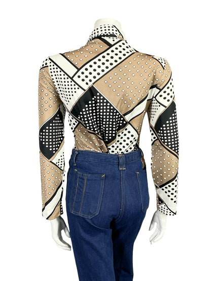 VTG 60S 70S WHITE BEIGE BLACK POLKA DOT GEOMETRIC DAGGER COLLAR SHIRT 12 14 M